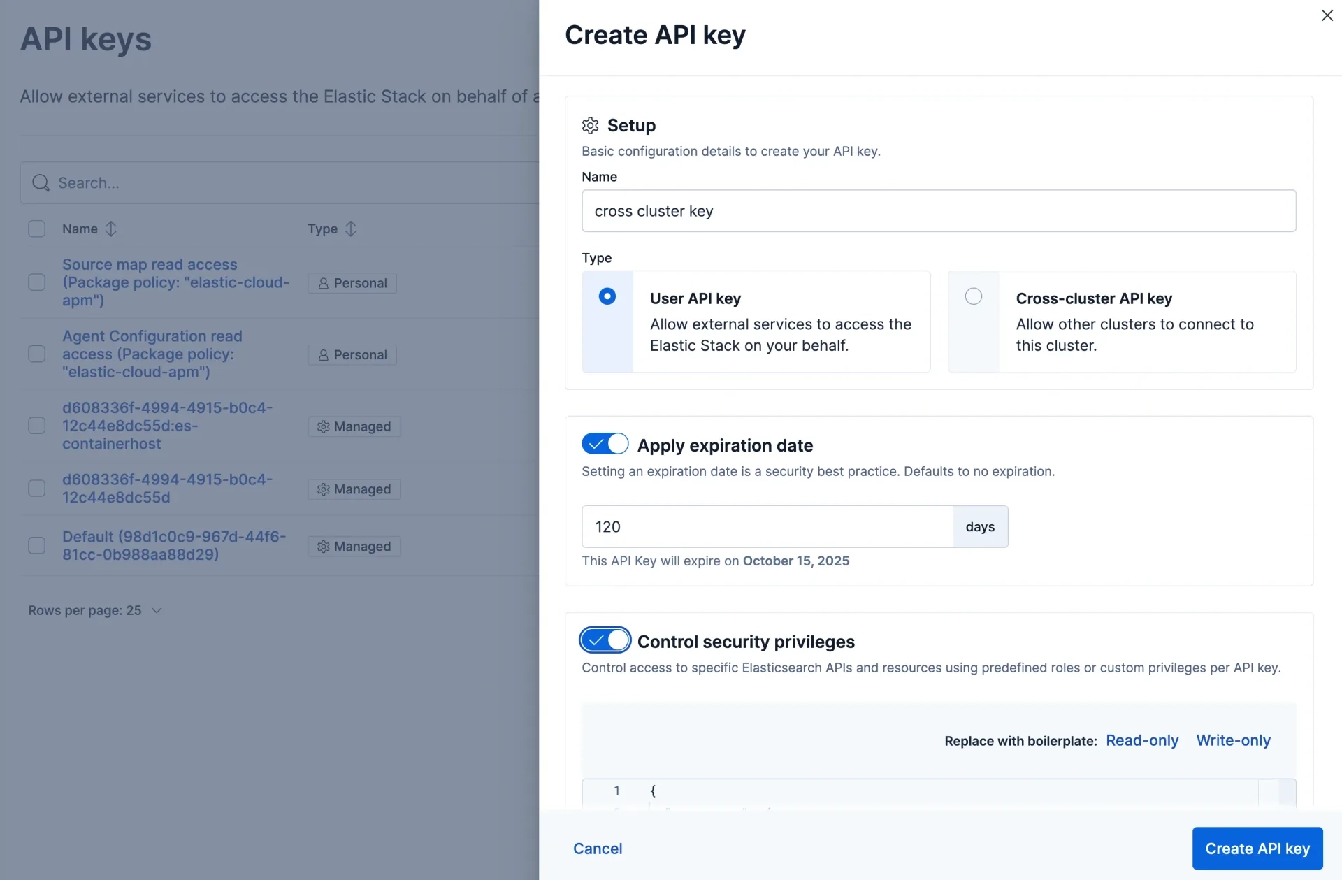 Kibana Create API key flyout with expiration and security privileges