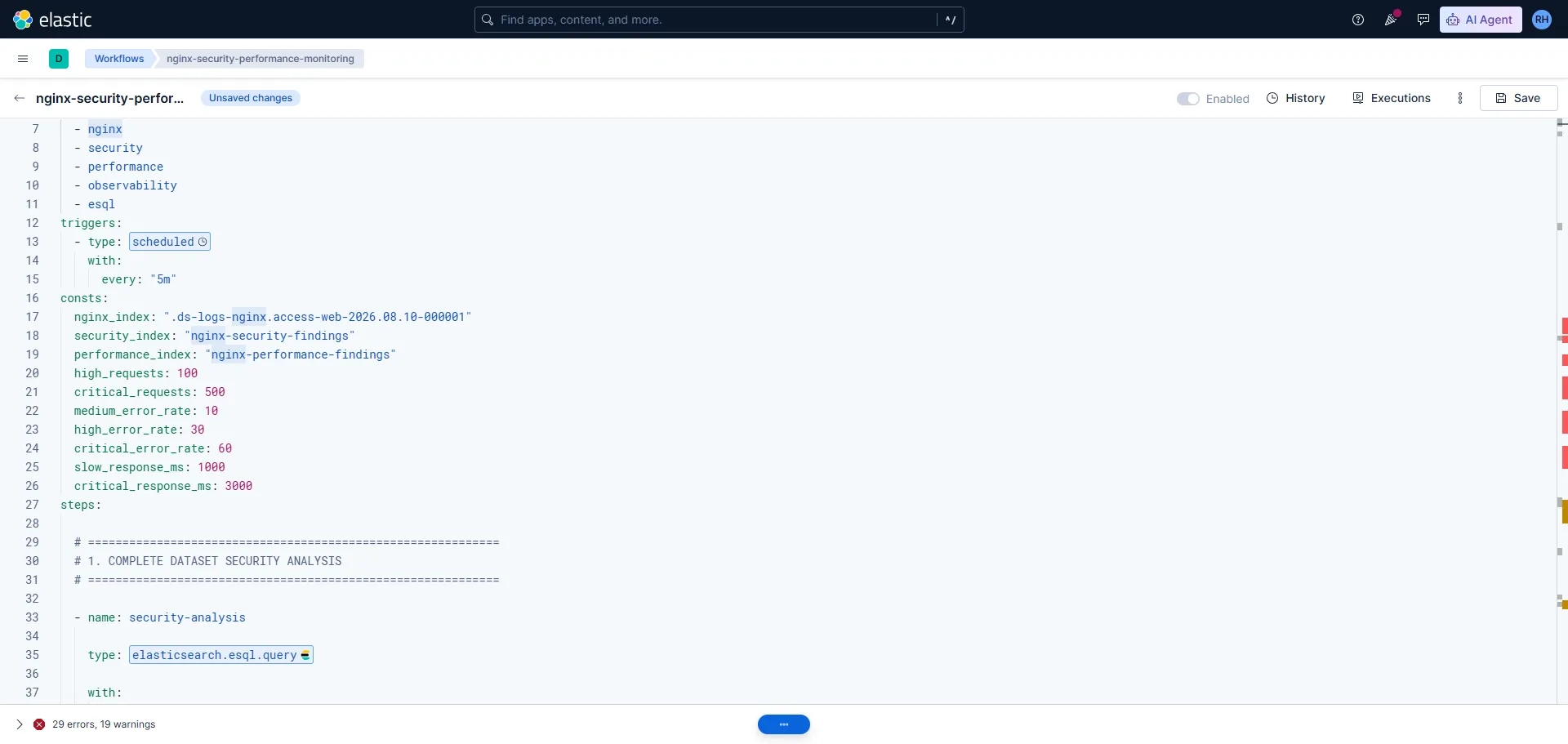 Elastic Workflows YAML code editor for nginx security monitoring