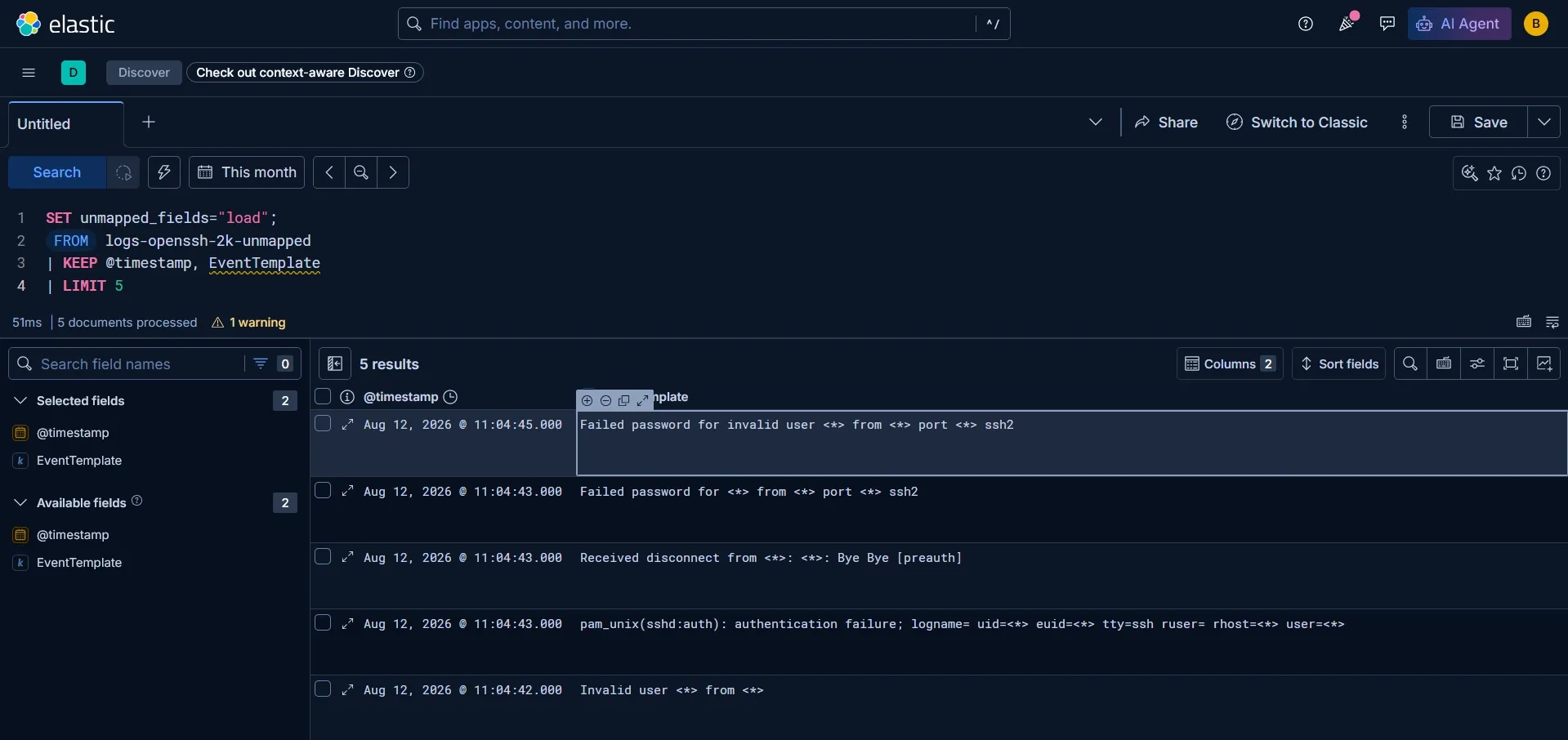 Querying the previously unmapped EventTemplate field after enabling unmapped field access
