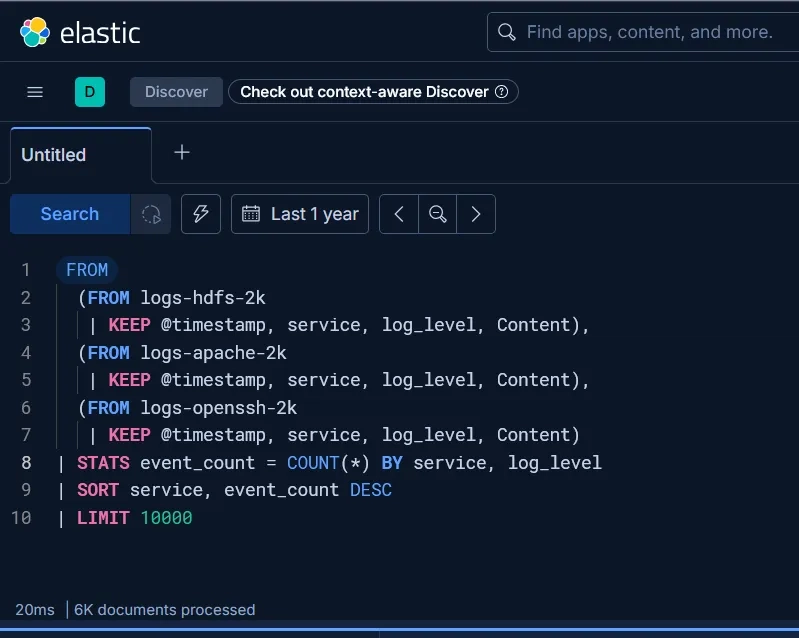 ES|QL subquery combining HDFS, Apache, and OpenSSH logs into one timeline